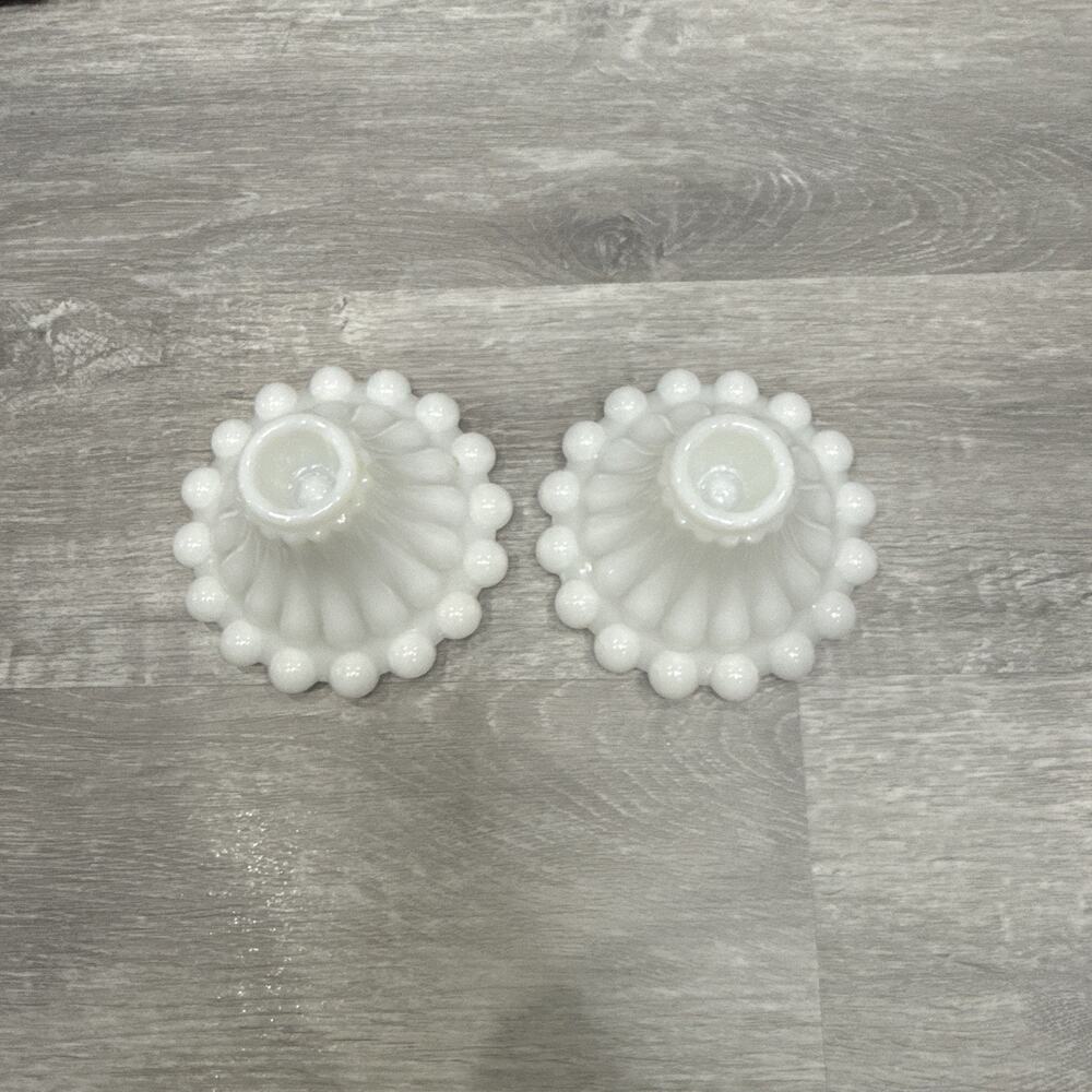 Set Of 2 Vintage Hobnail White Boopie Milk Glass Pattern Candle Holders 2.75”